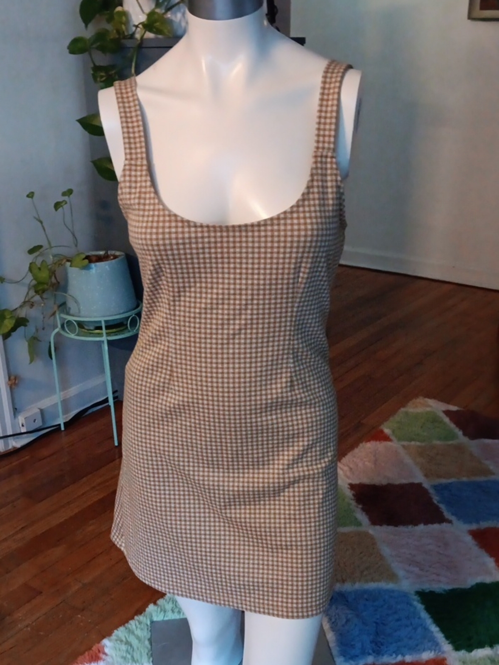 Forever 21 Beige Gingham Sleeveless Shift Dress
